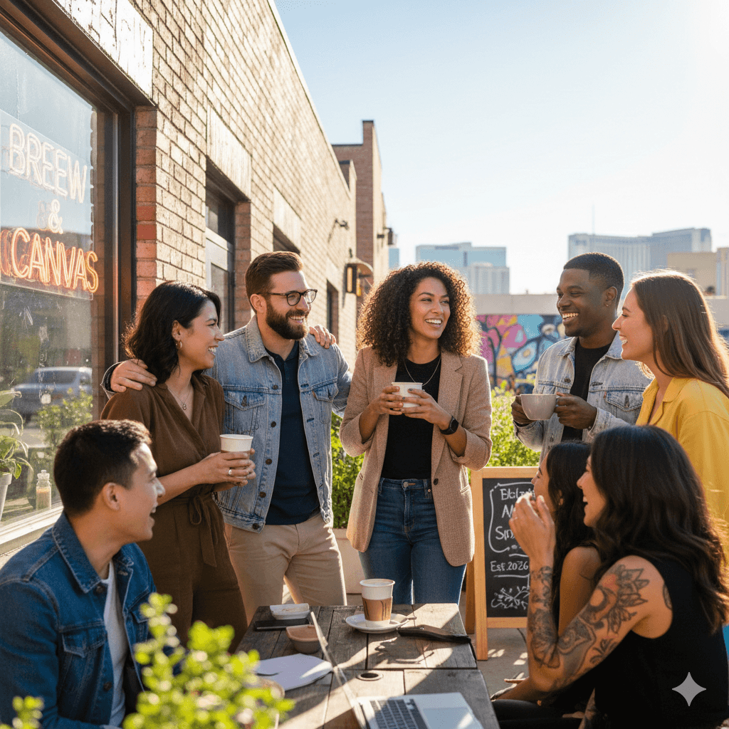 group of younger, early 30's diverse people living in las vegas neighborhood