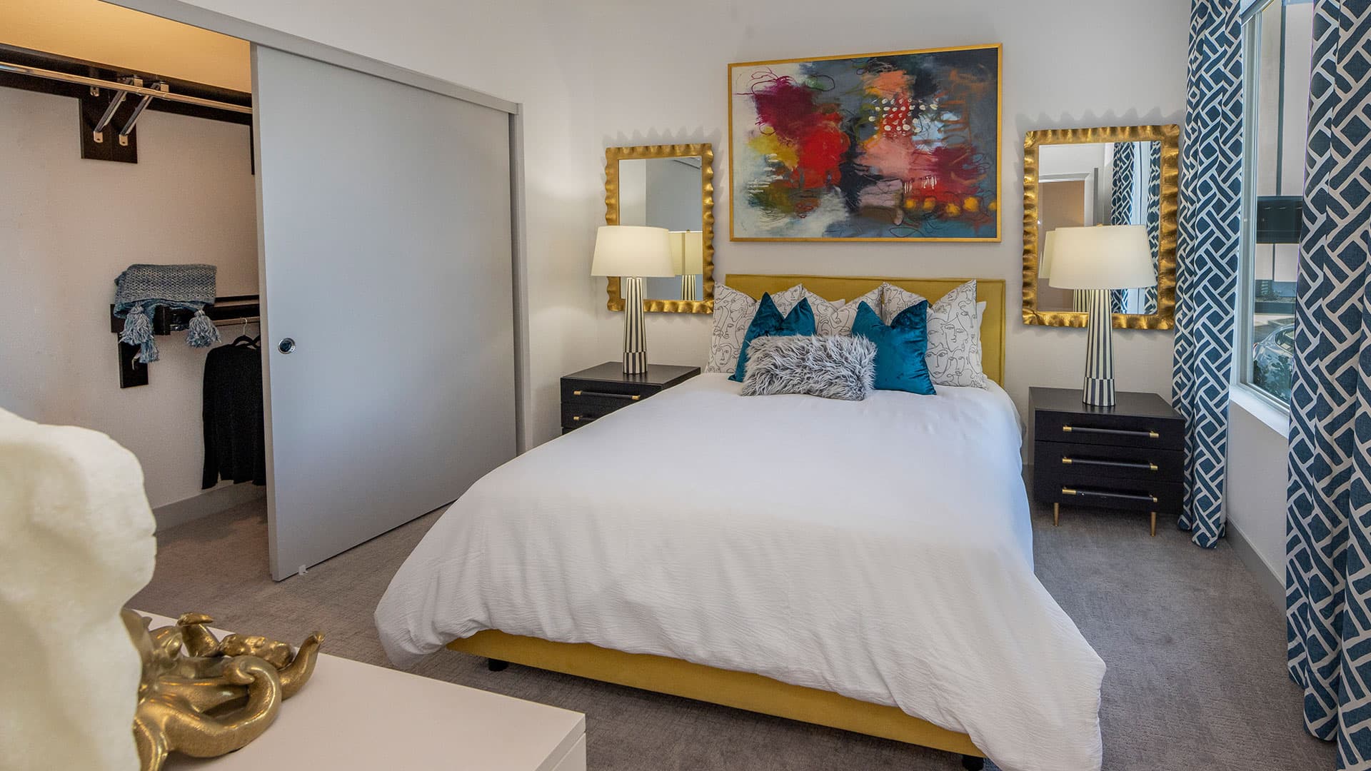 Model master bedroom in apartment at Elysian at Sunset