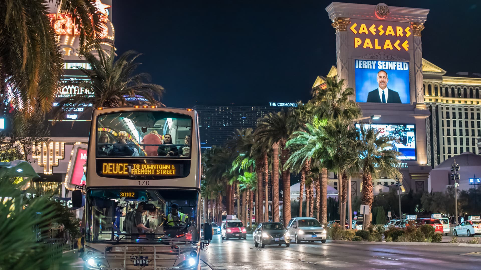The Deuce bus at night in Las Vegas stock photo