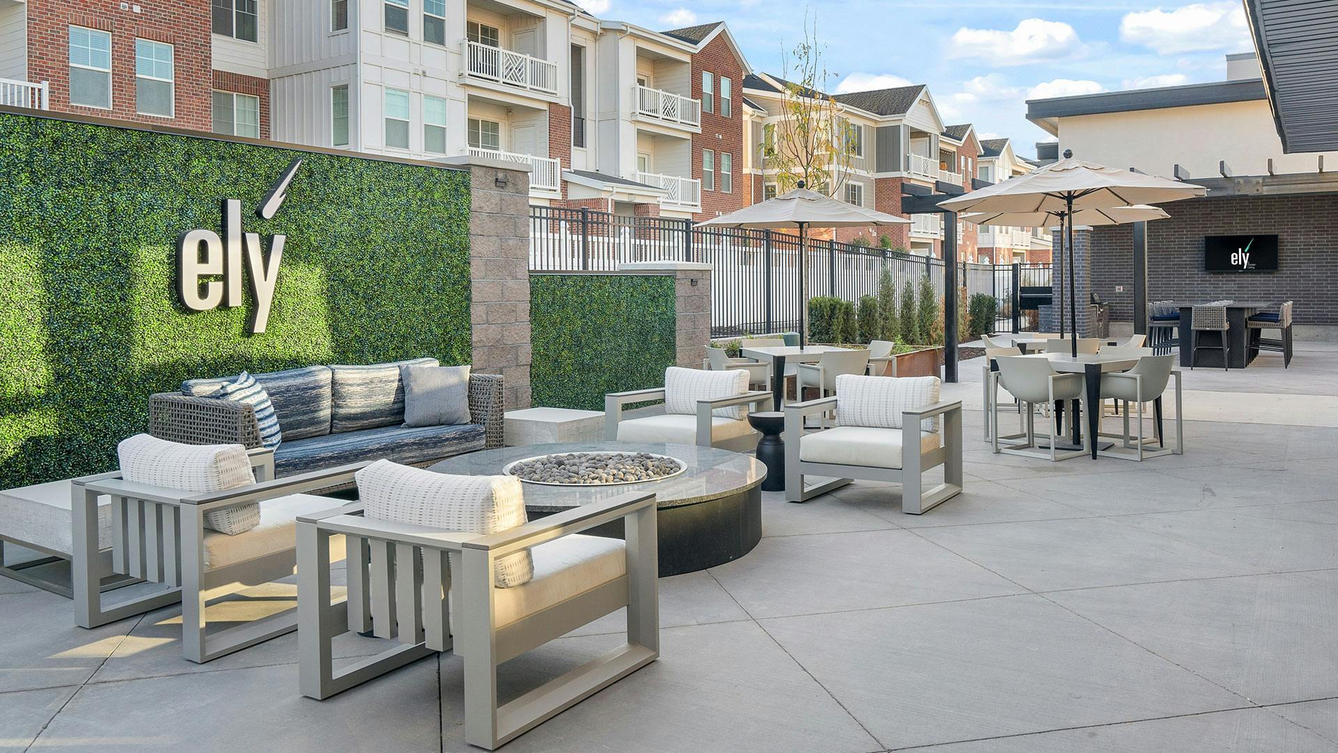 Outdoor seating and fire pit at Ely at American Fork
