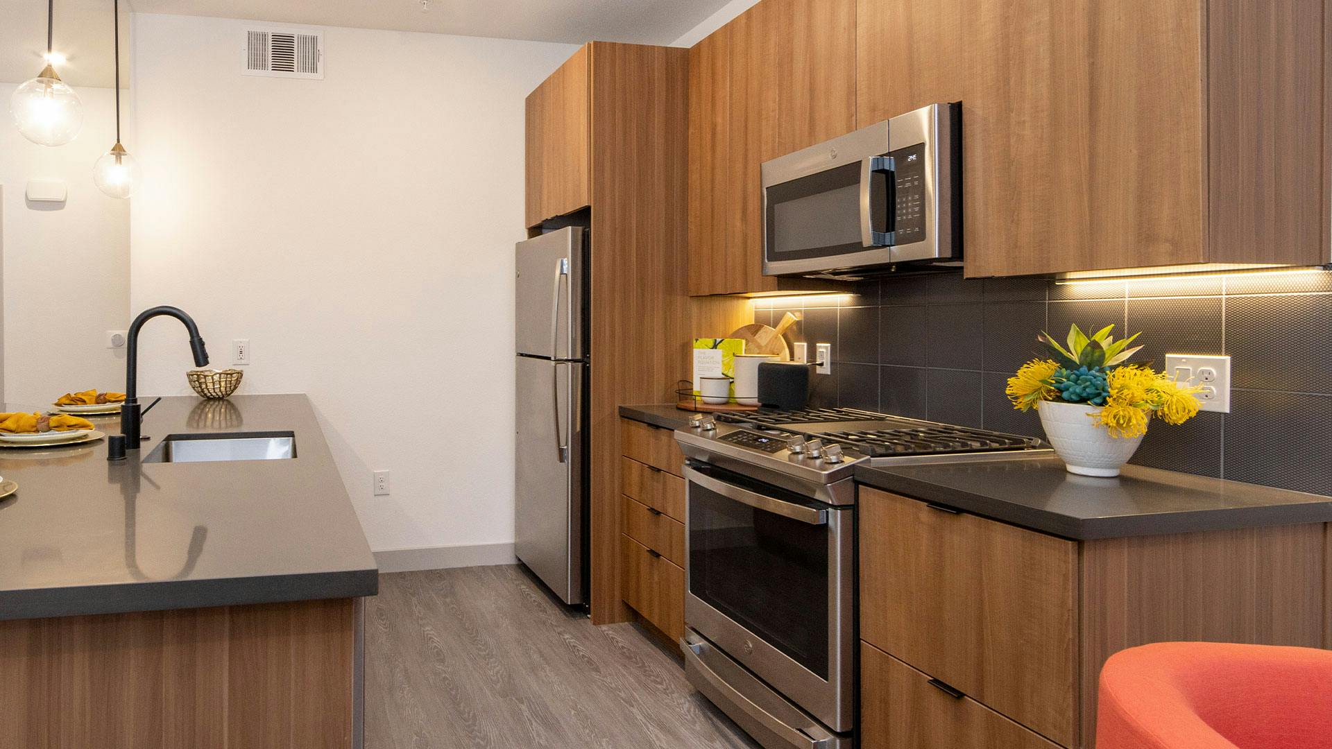 Model kitchen with appliances at Elysian at Sunset