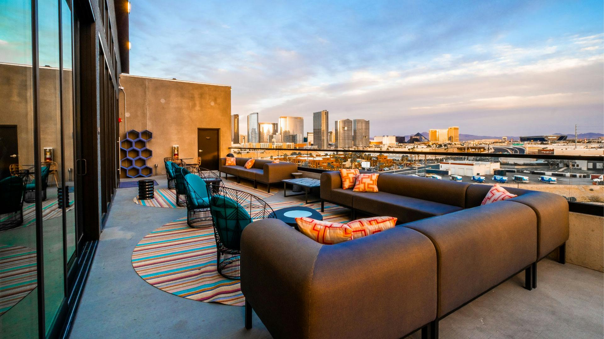 Outdoor deck with Strip views at Elysian at The Palms